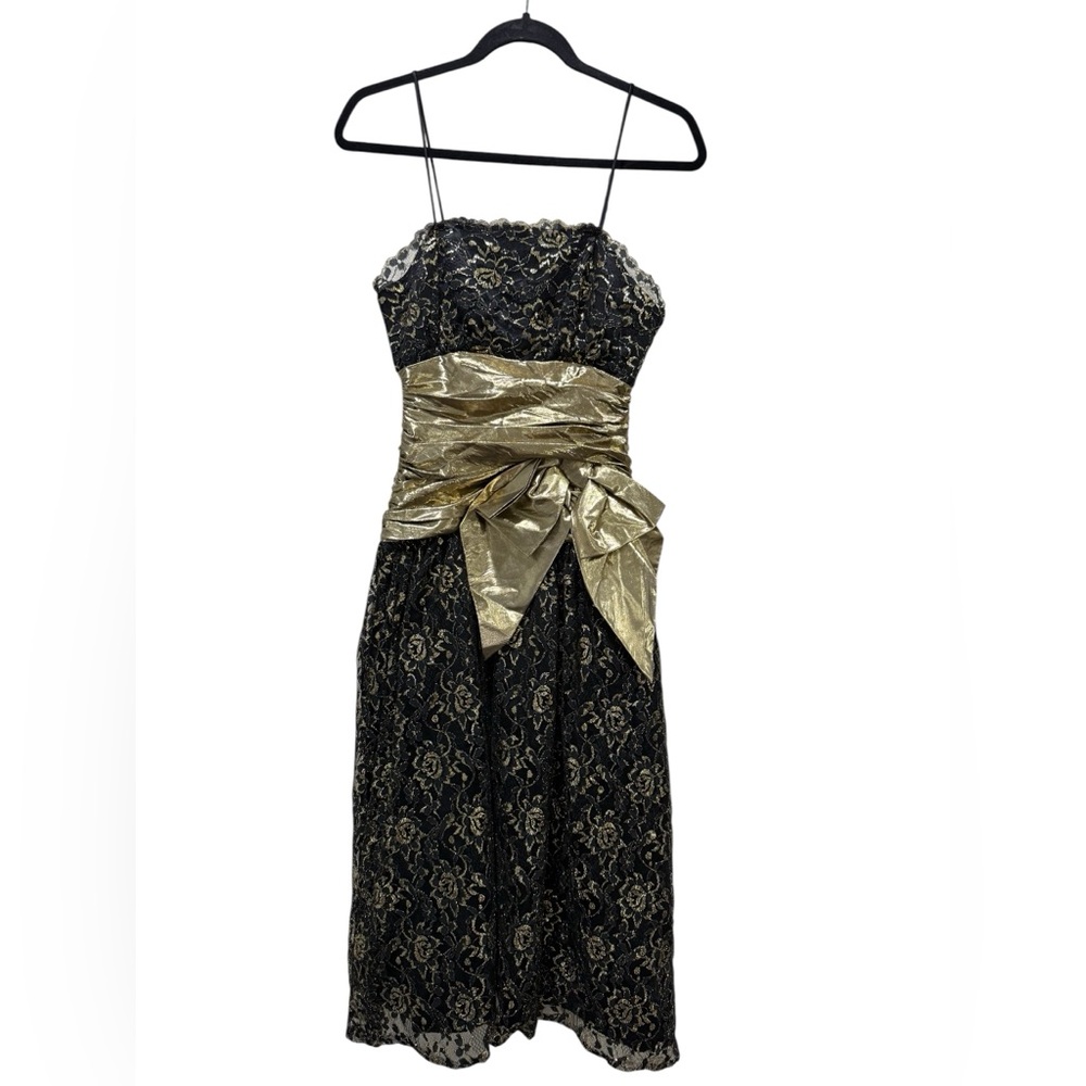 Vintage Glenrob Black Lace Gold Metallic 1980s Party Cocktail Dress Bow Size 5/6